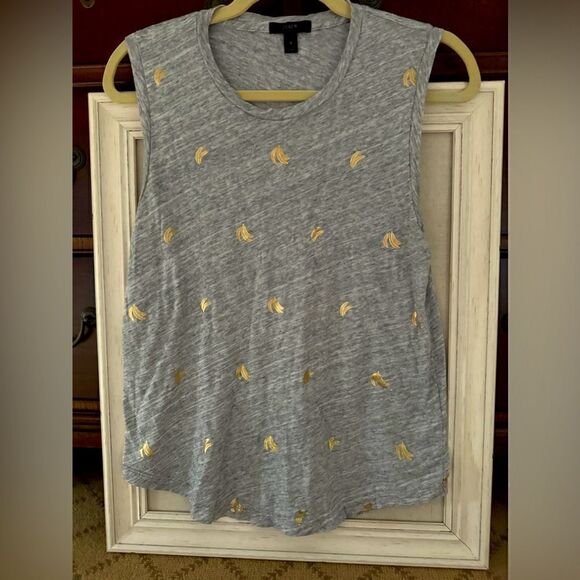 J. Crew gray sleeveless T-shirt with gold foil banana design S NWOT - Picture 1 of 12